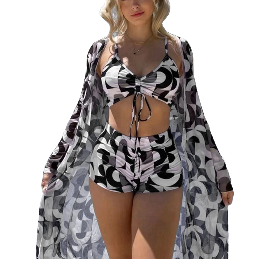 Women Bikini Printed 3 Piece Swim Wear High Waisted Sun Protective Swimsuit Wireless Bra Mesh Cover Up Beachwear Black and White L