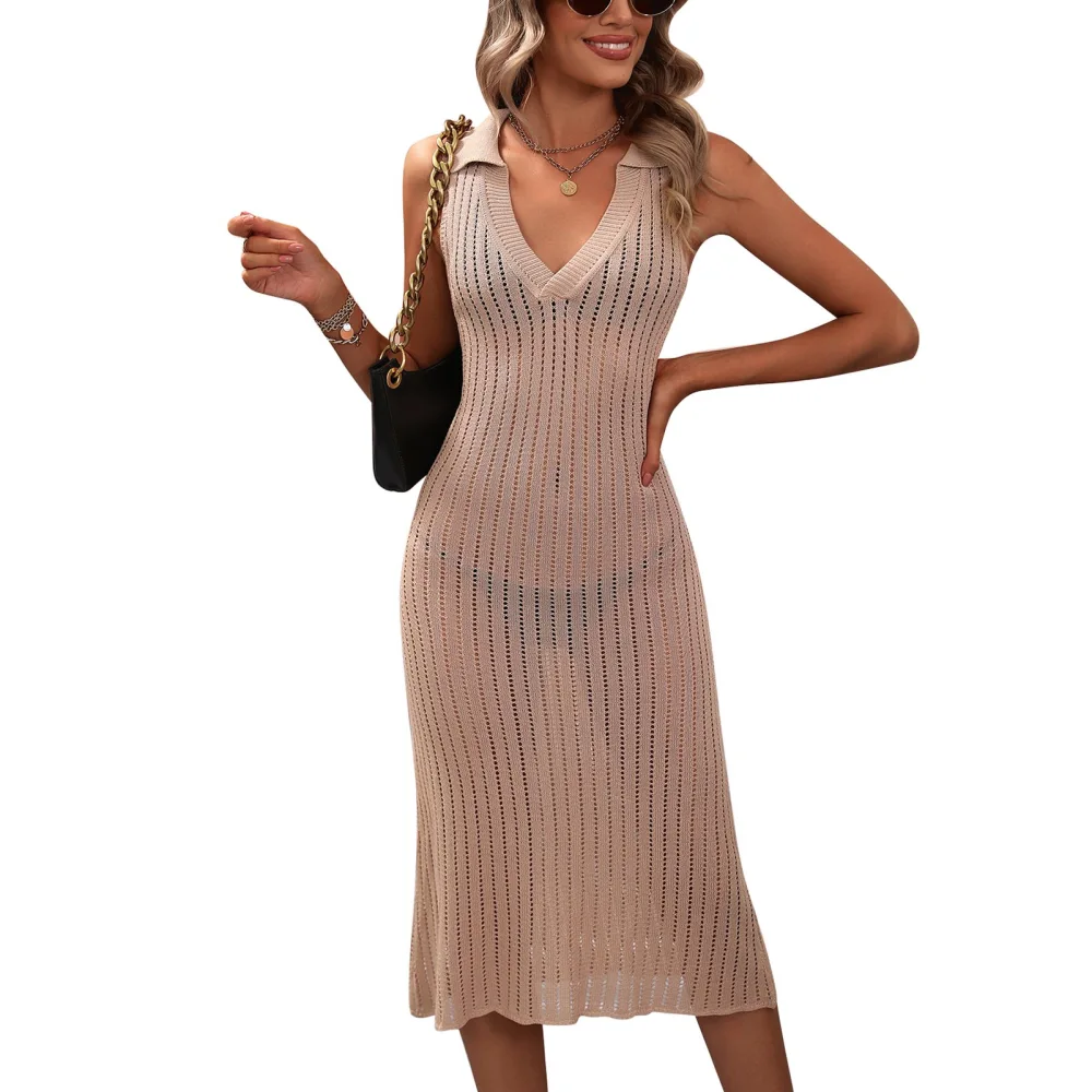 Hollow Out Beach Dress Knitted Sleeveless V Neck Turn Down Collar Sheer Loose Fit Bikini Cover Up Dress Khaki S