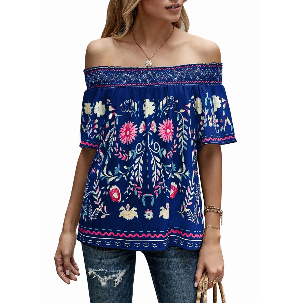 Women Off Shoulder Top Flower Patterns Printing Loose Hem Casual Short Sleeve T Shirt Blue S