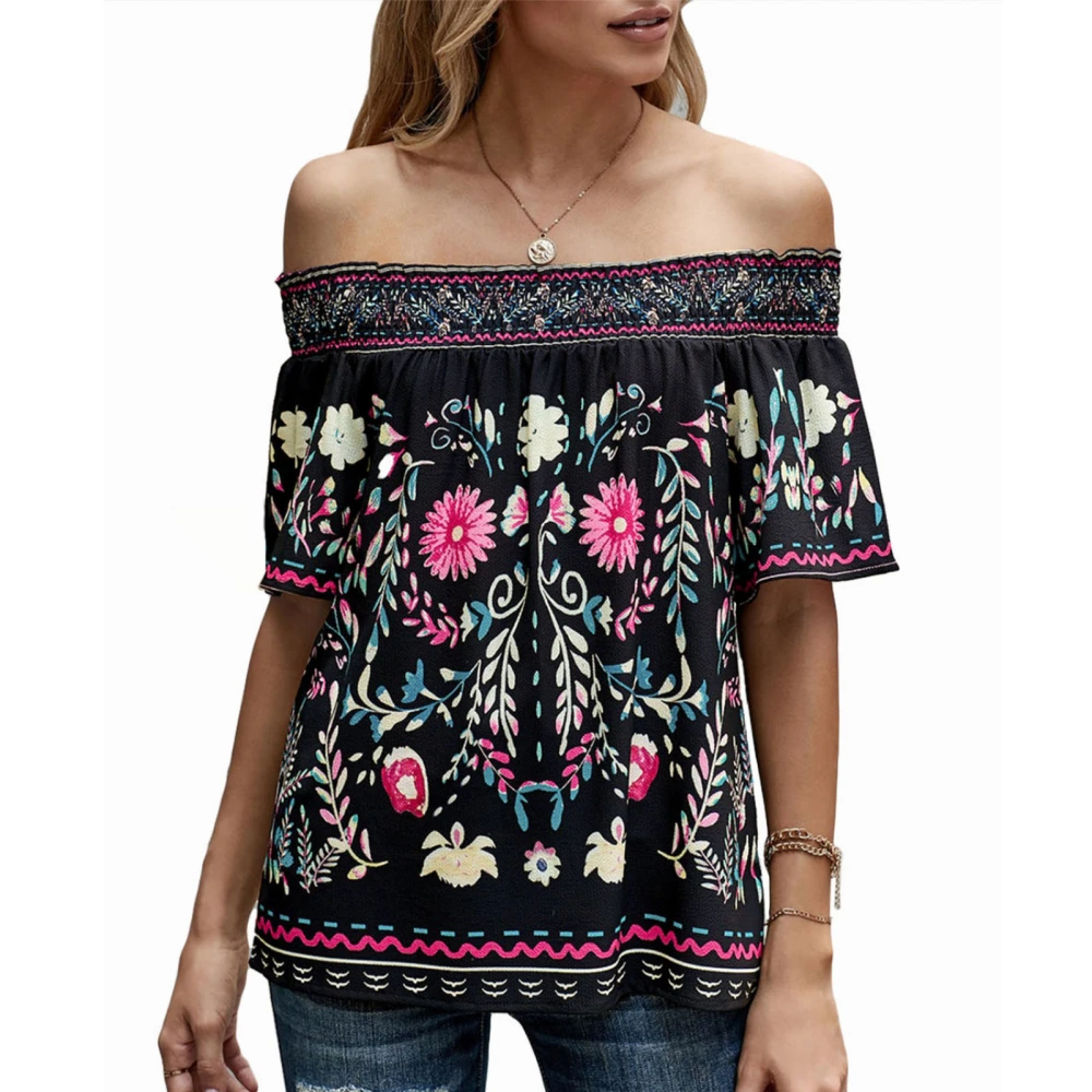 Women Off Shoulder Top Flower Patterns Printing Loose Hem Casual Short Sleeve T Shirt Black XL