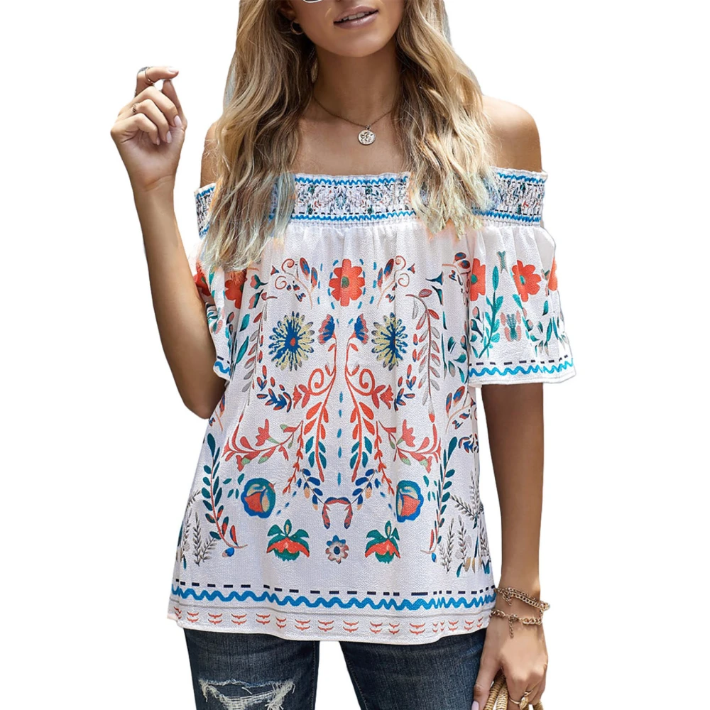 Women Off Shoulder Top Flower Patterns Printing Loose Hem Casual Short Sleeve T Shirt White XL