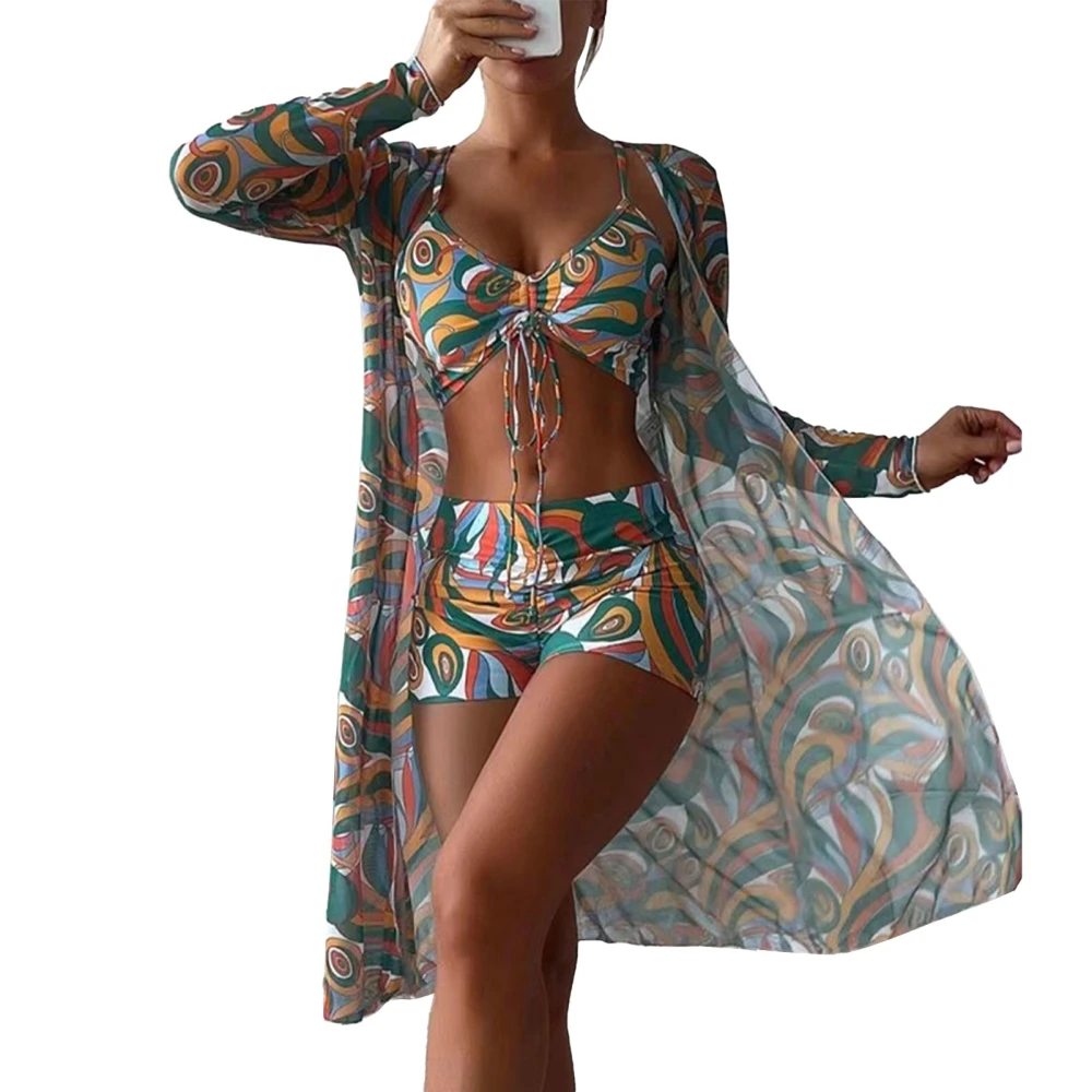 Women Bikini Printed 3 Piece Swim Wear High Waisted Sun Protective Swimsuit Wireless Bra Mesh Cover Up Beachwear Dark Green XL