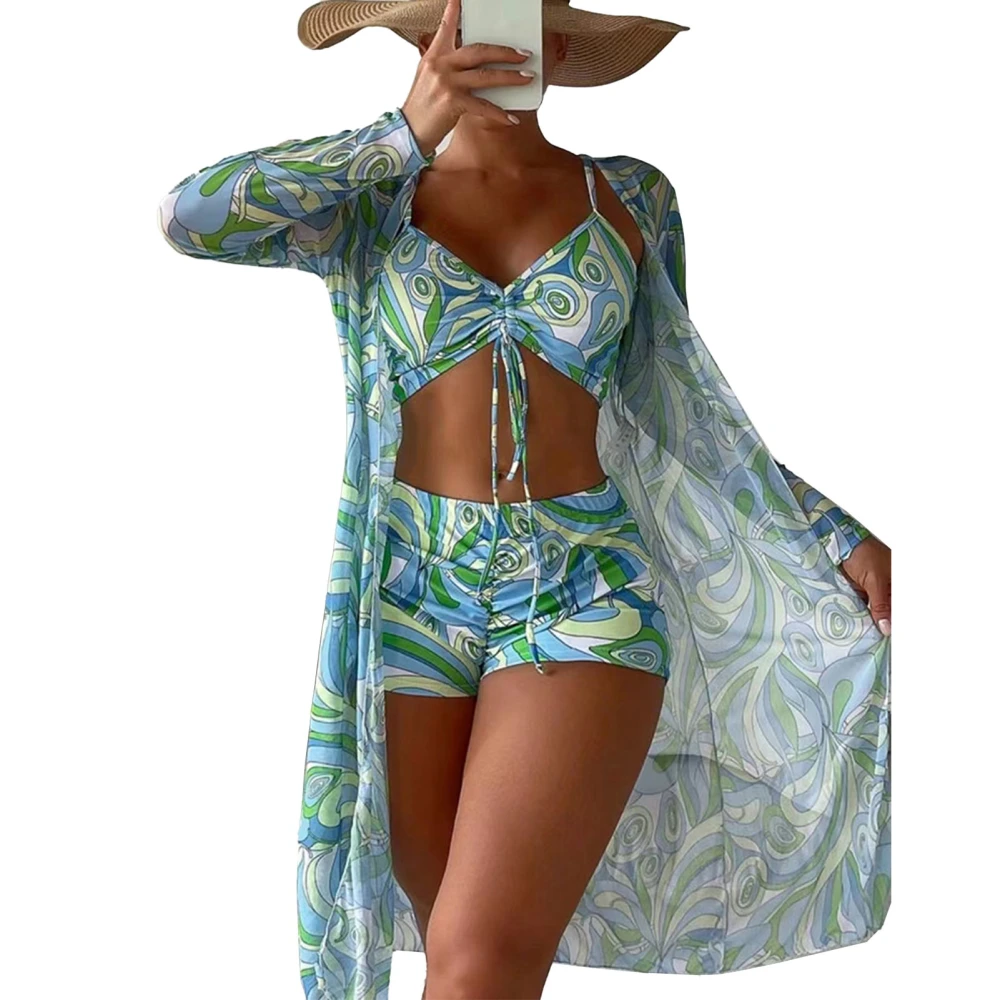 Women Bikini Printed 3 Piece Swim Wear High Waisted Sun Protective Swimsuit Wireless Bra Mesh Cover Up Beachwear Blue S