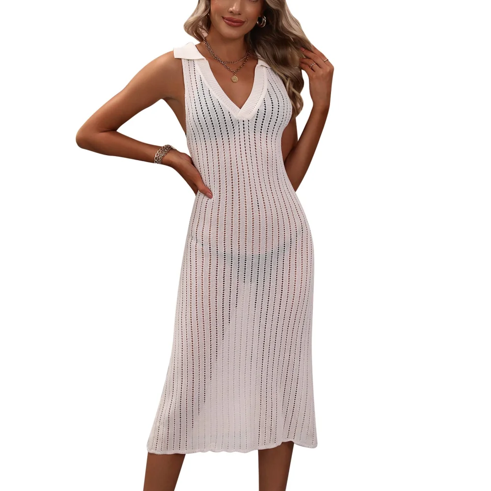 Hollow Out Beach Dress Knitted Sleeveless V Neck Turn Down Collar Sheer Loose Fit Bikini Cover Up Dress White L