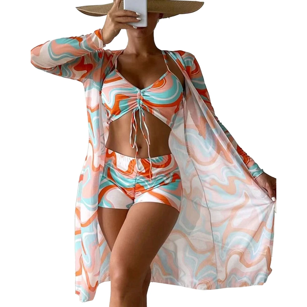 Women Bikini Printed 3 Piece Swim Wear High Waisted Sun Protective Swimsuit Wireless Bra Mesh Cover Up Beachwear Orange M