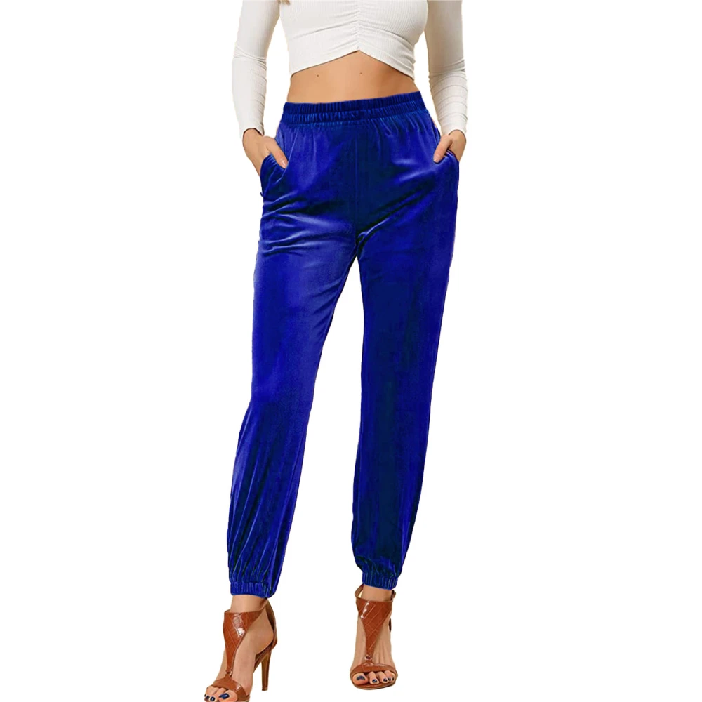 Women Tapered Cuff Pants Casual Pure Color Elasticated Stretch Waist Women Cinched Cuff Pants Blue L