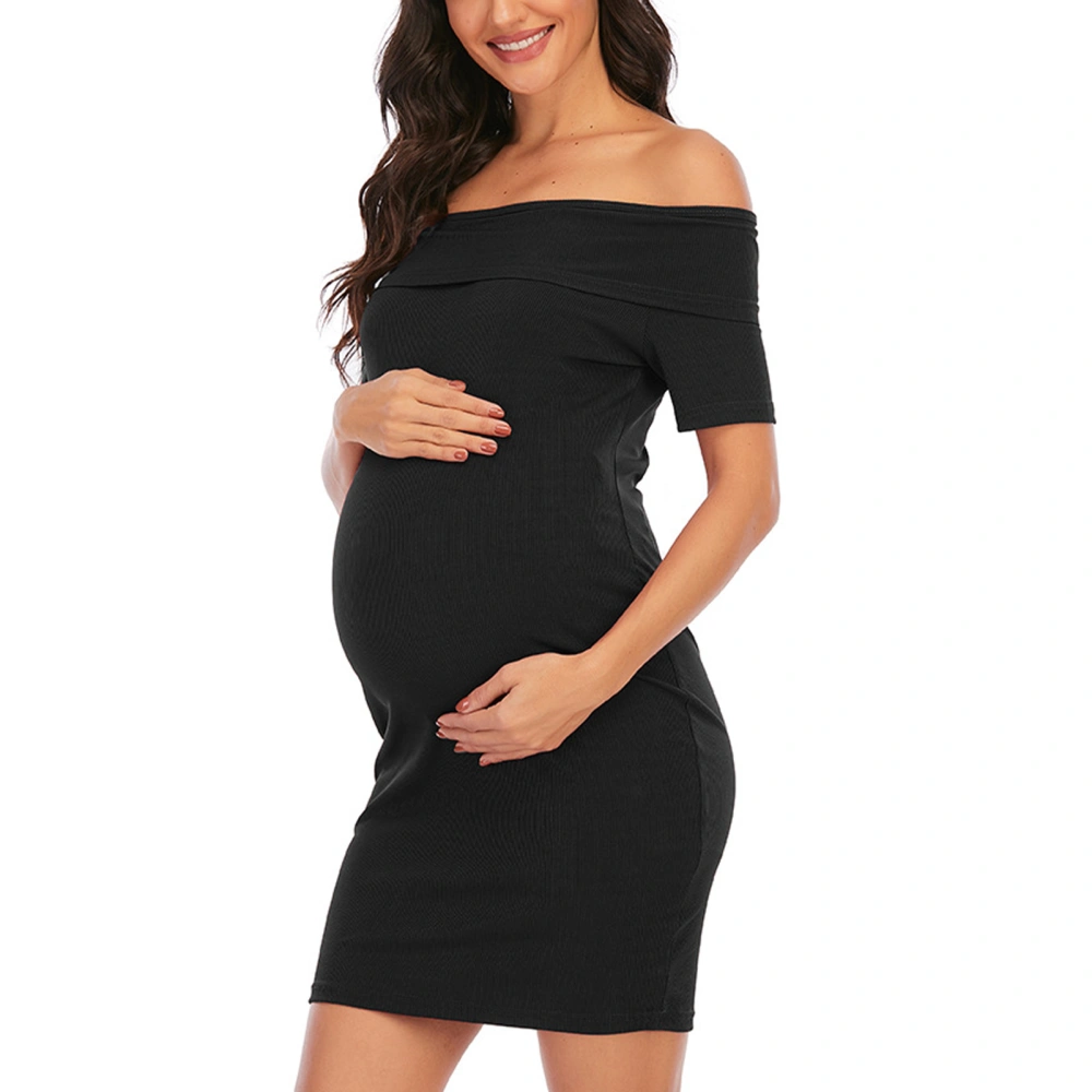 Maternity Dresses Off Shoulder Short Sleeve Pure Color Soft Comfortable Fashionable Slim Fitting Women Dresses for Daily Black XXL