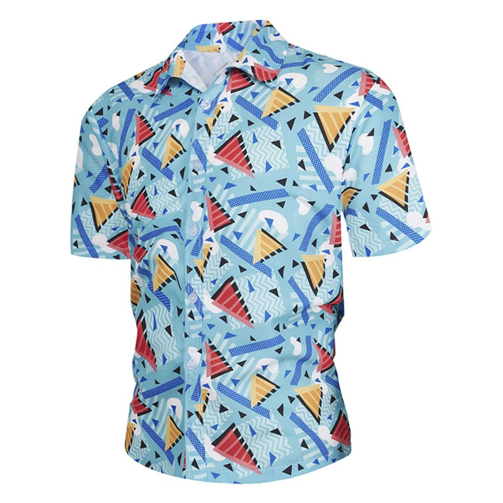 Men Hawaiian Shirt Fashionable Printed Turn Down Collar Quick Dry Short Sleeve Men Button Down Shirt for Beach Outing Triangles XL