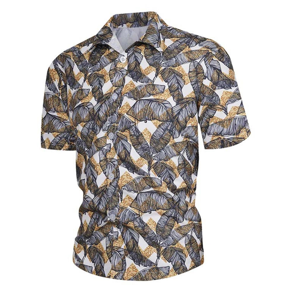 Men Hawaiian Shirt Fashionable Printed Turn Down Collar Quick Dry Short Sleeve Men Button Down Shirt for Beach Outing Tree Leaves XL