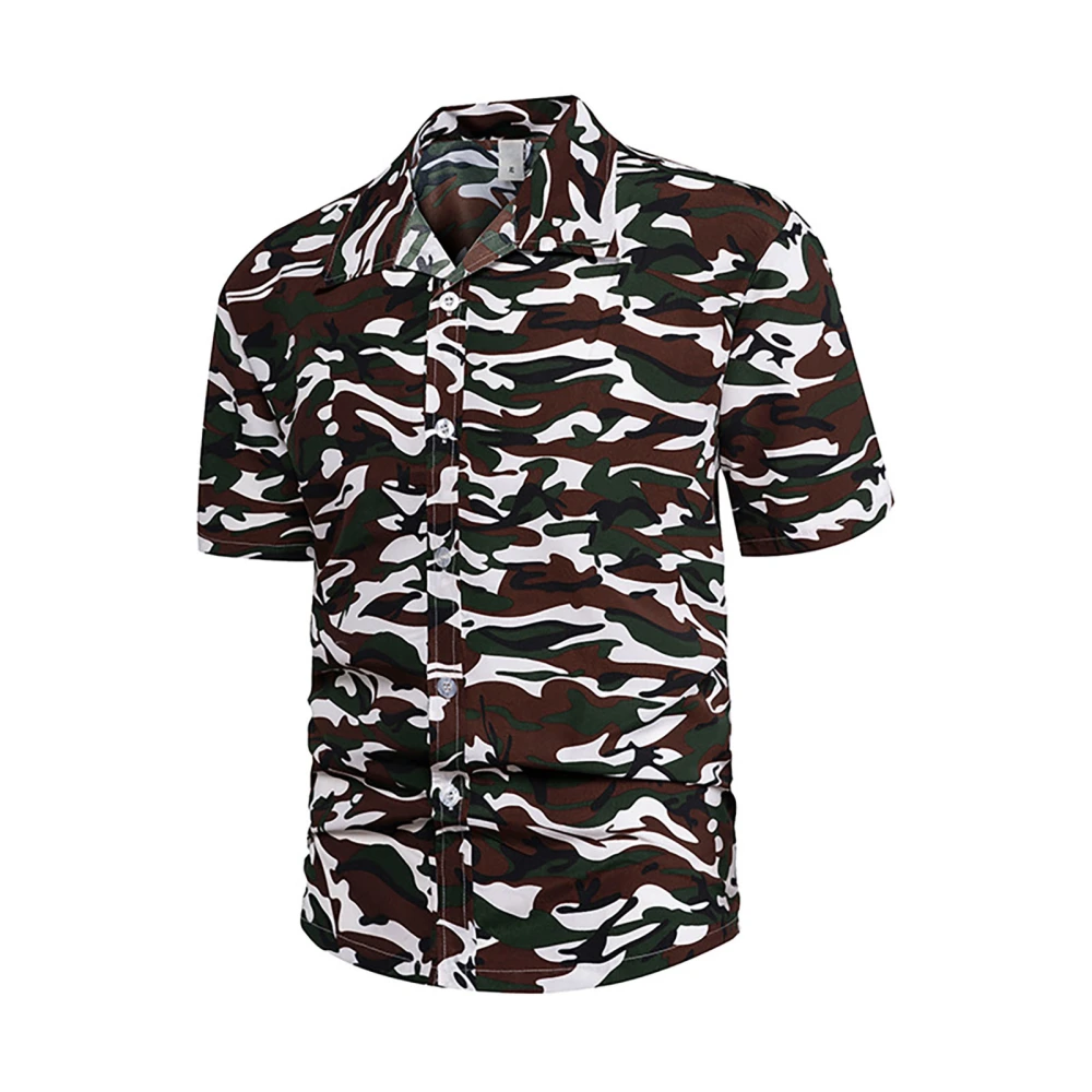 Men Short Sleeve Beach Shirt Summer Holiday Fashionable Casual Button Up Turn Down Collar Print Shirt Camouflage Coffee M