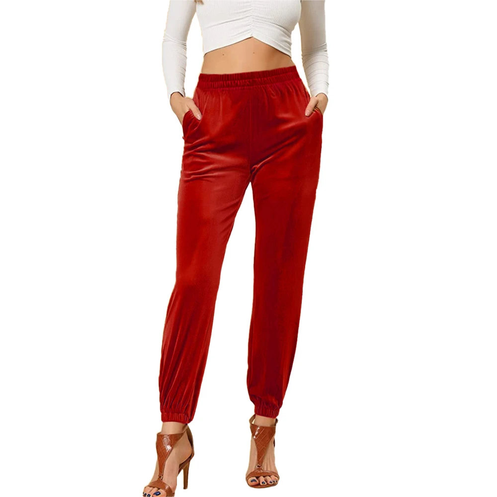 Women Tapered Cuff Pants Casual Pure Color Elasticated Stretch Waist Women Cinched Cuff Pants Red XL