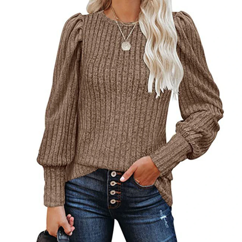 Women Crew Neck Top Fashion Soft Comfortable Pure Color Puff Long Sleeve Top for Daily Office Light Tan L