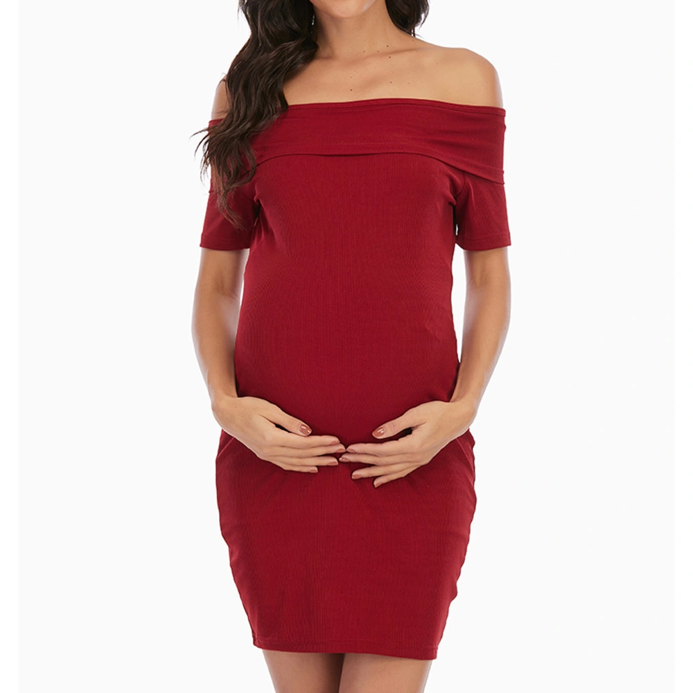 Maternity Dresses Off Shoulder Short Sleeve Pure Color Soft Comfortable Fashionable Slim Fitting Women Dresses for Daily Wine Red M