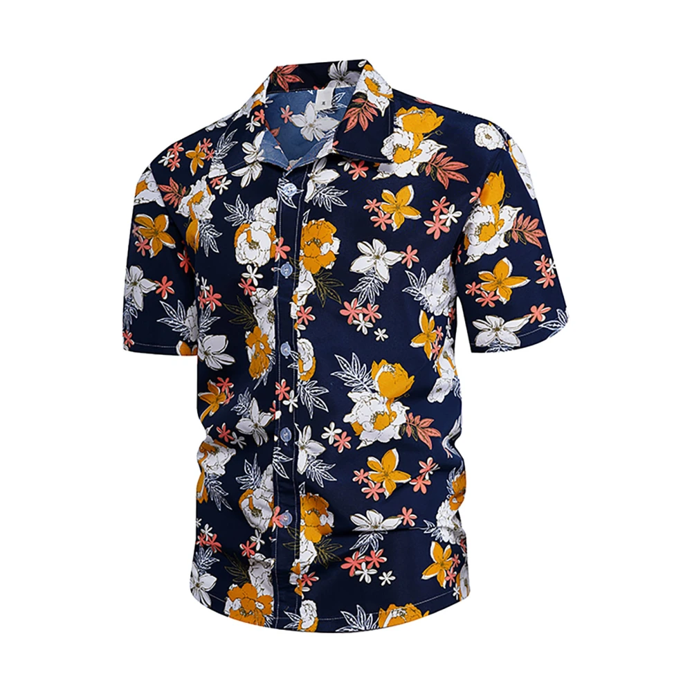 Men Short Sleeve Beach Shirt Summer Holiday Fashionable Casual Button Up Turn Down Collar Print Shirt Cotton Flower Blue L