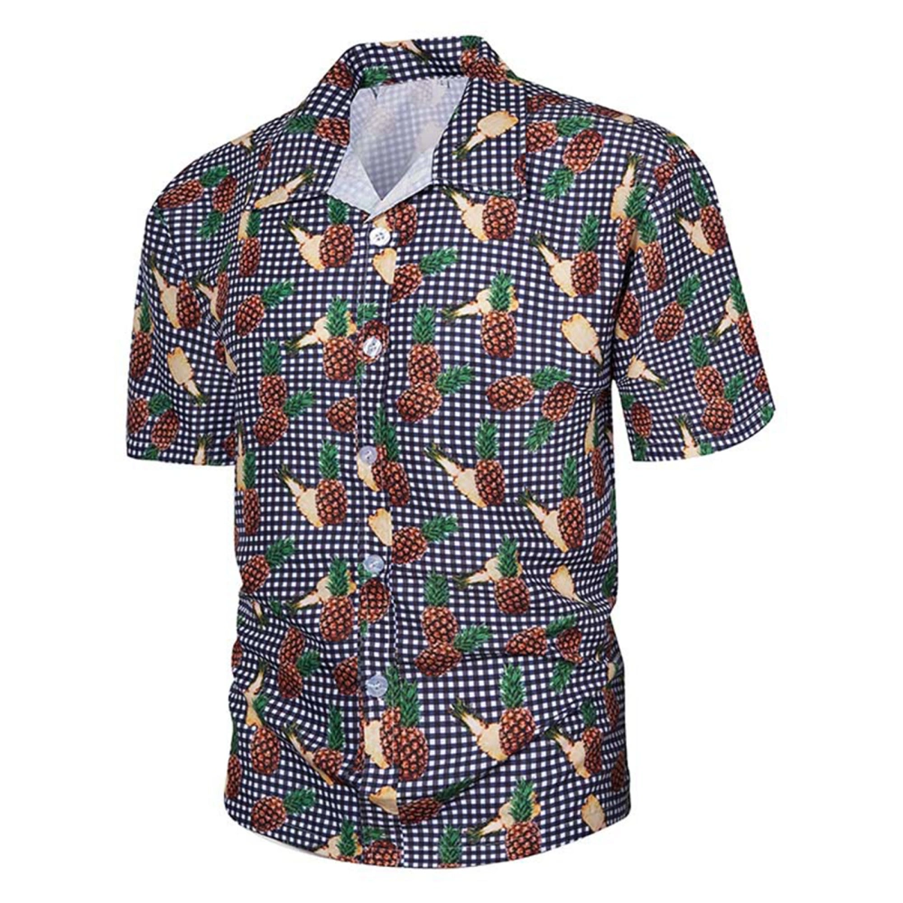 Men Hawaiian Shirt Fashionable Printed Turn Down Collar Quick Dry Short Sleeve Men Button Down Shirt for Beach Outing Pineapple XXL