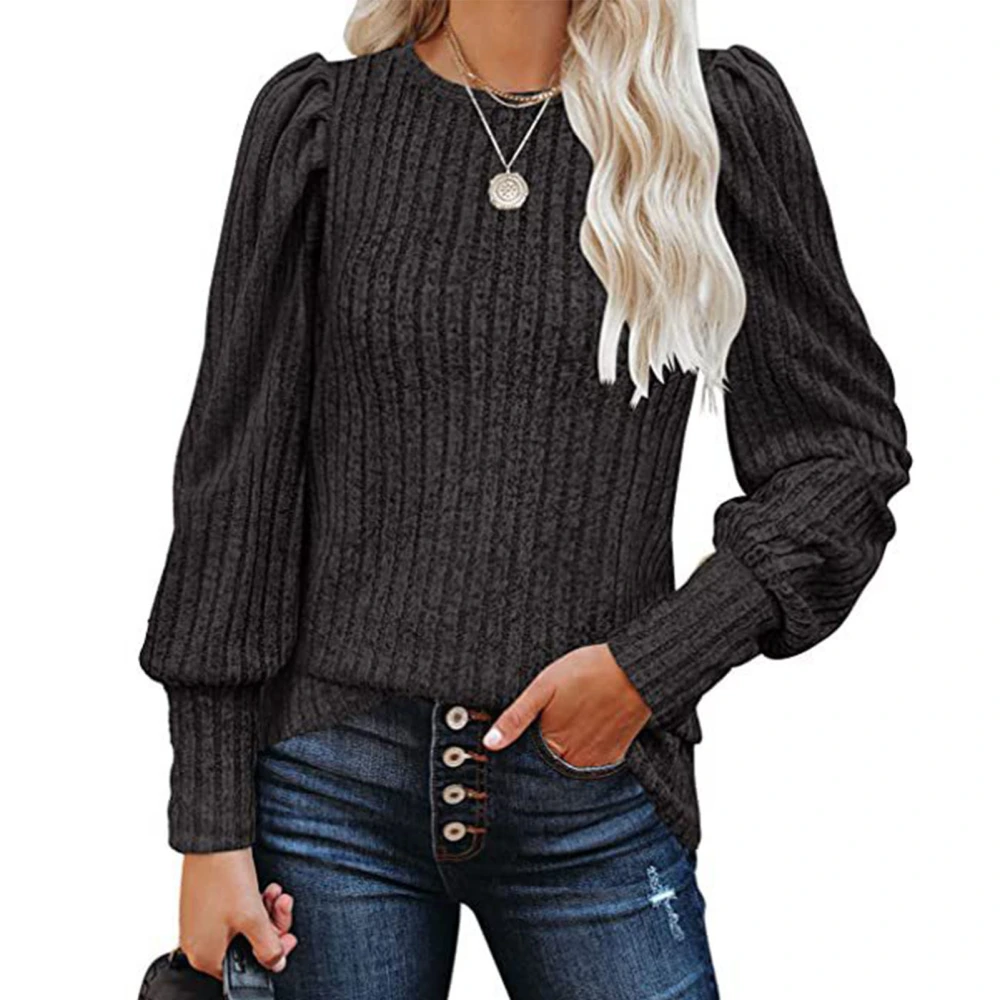 Women Crew Neck Top Fashion Soft Comfortable Pure Color Puff Long Sleeve Top for Daily Office Black XL