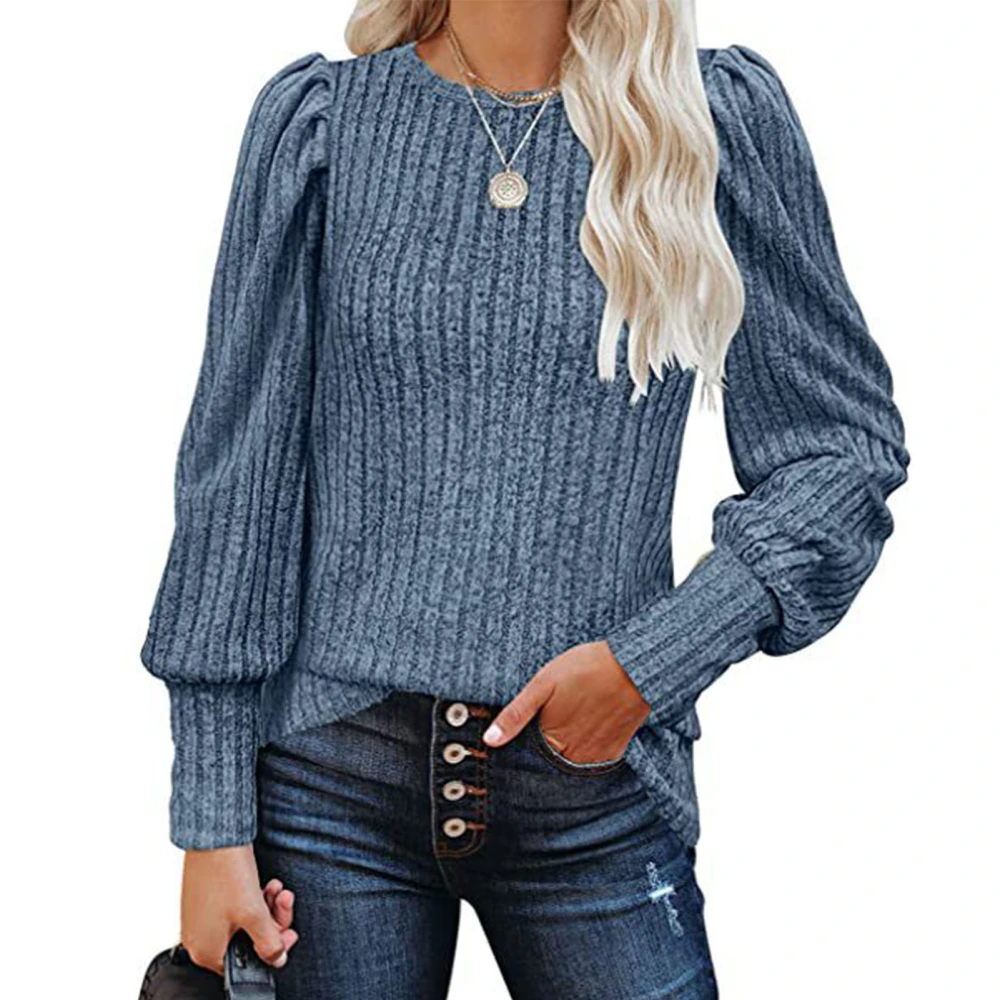 Women Crew Neck Top Fashion Soft Comfortable Pure Color Puff Long Sleeve Top for Daily Office Blue L