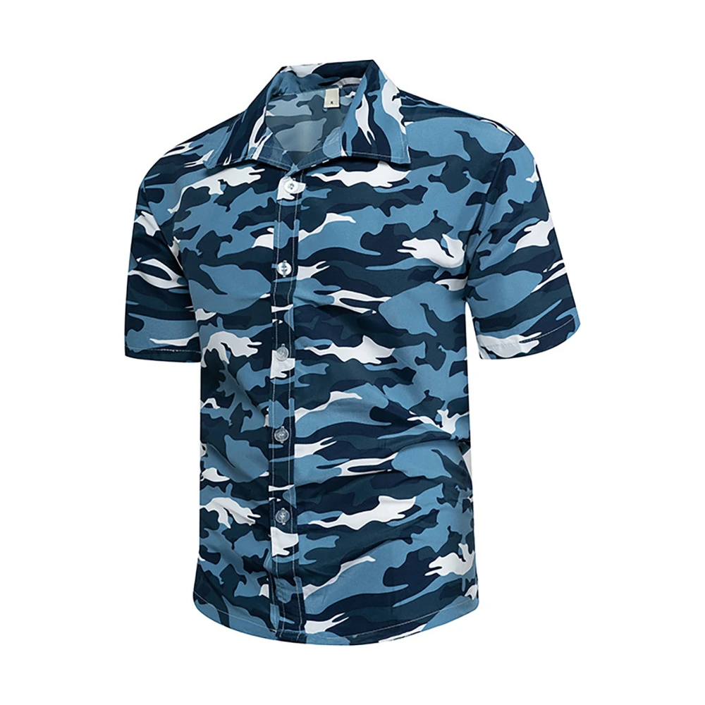 Men Short Sleeve Beach Shirt Summer Holiday Fashionable Casual Button Up Turn Down Collar Print Shirt Camouflage Blue M