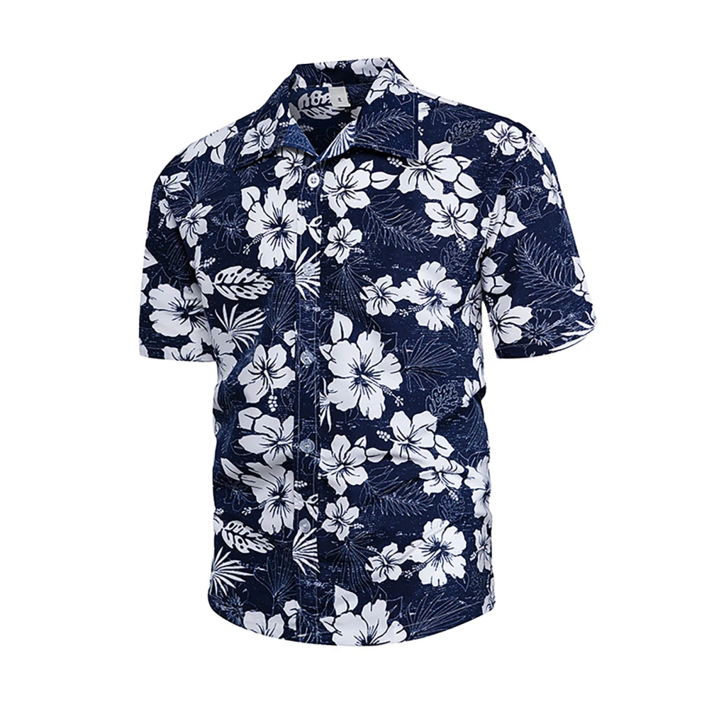 Men Short Sleeve Beach Shirt Summer Holiday Fashionable Casual Button Up Turn Down Collar Print Shirt Blue and White 3XL