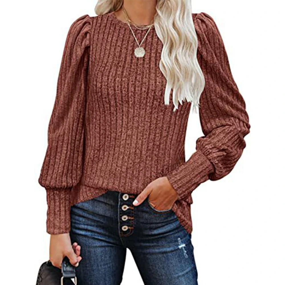 Women Crew Neck Top Fashion Soft Comfortable Pure Color Puff Long Sleeve Top for Daily Office Caramel Colour L