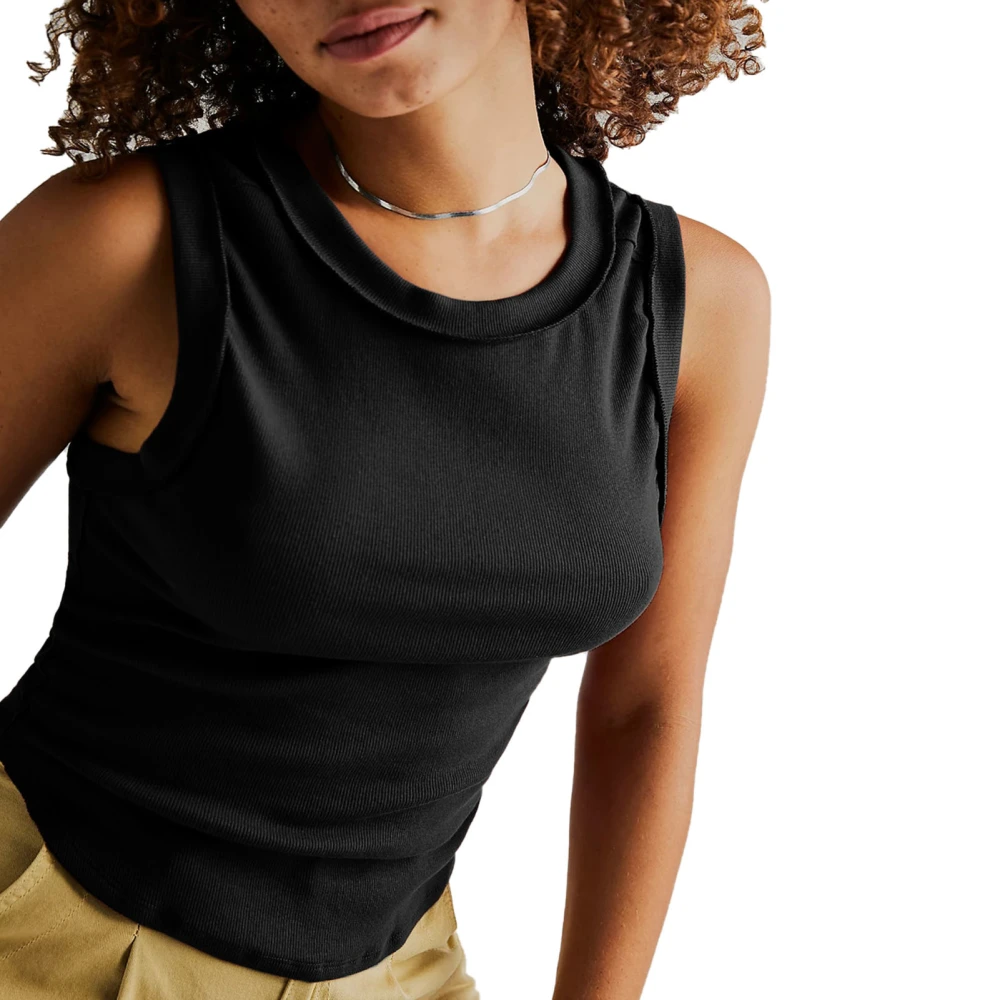 Women Tank Tops Ribbed Style Slim Fit Crewneck Pure Color Elastic Breathable Sleeveless Camisole for Home Party Outing Black XL