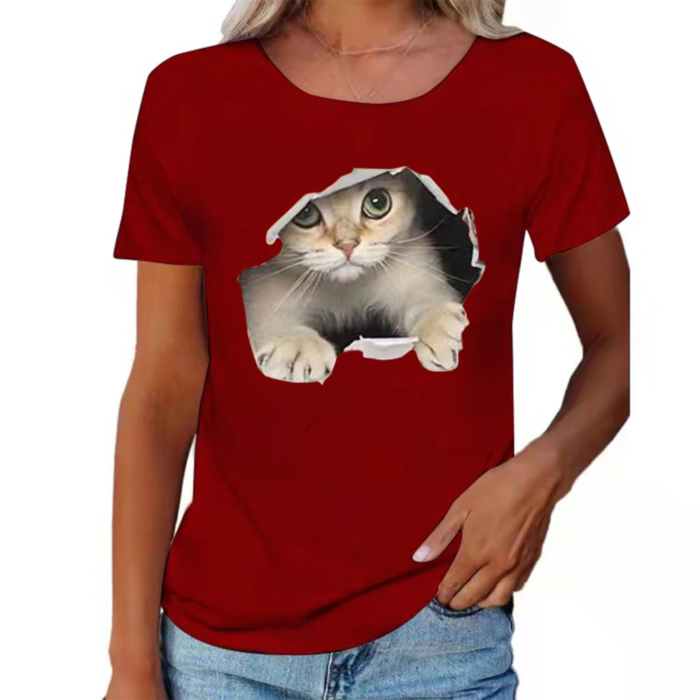 Round Neck T Shirt 3D Cat Pattern Fashion Comfortable Breathable Short Sleeve T Shirt for Women Men Wine Red XXL