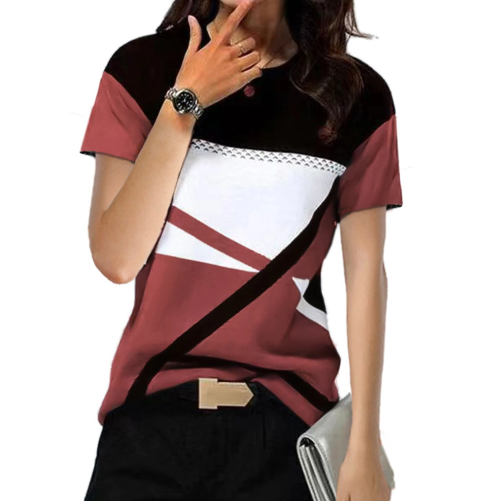 Crew Neck T Shirt Geometric Prints Loose Casual Comfortable Short Sleeve Tops for Shopping Black Wine Red L