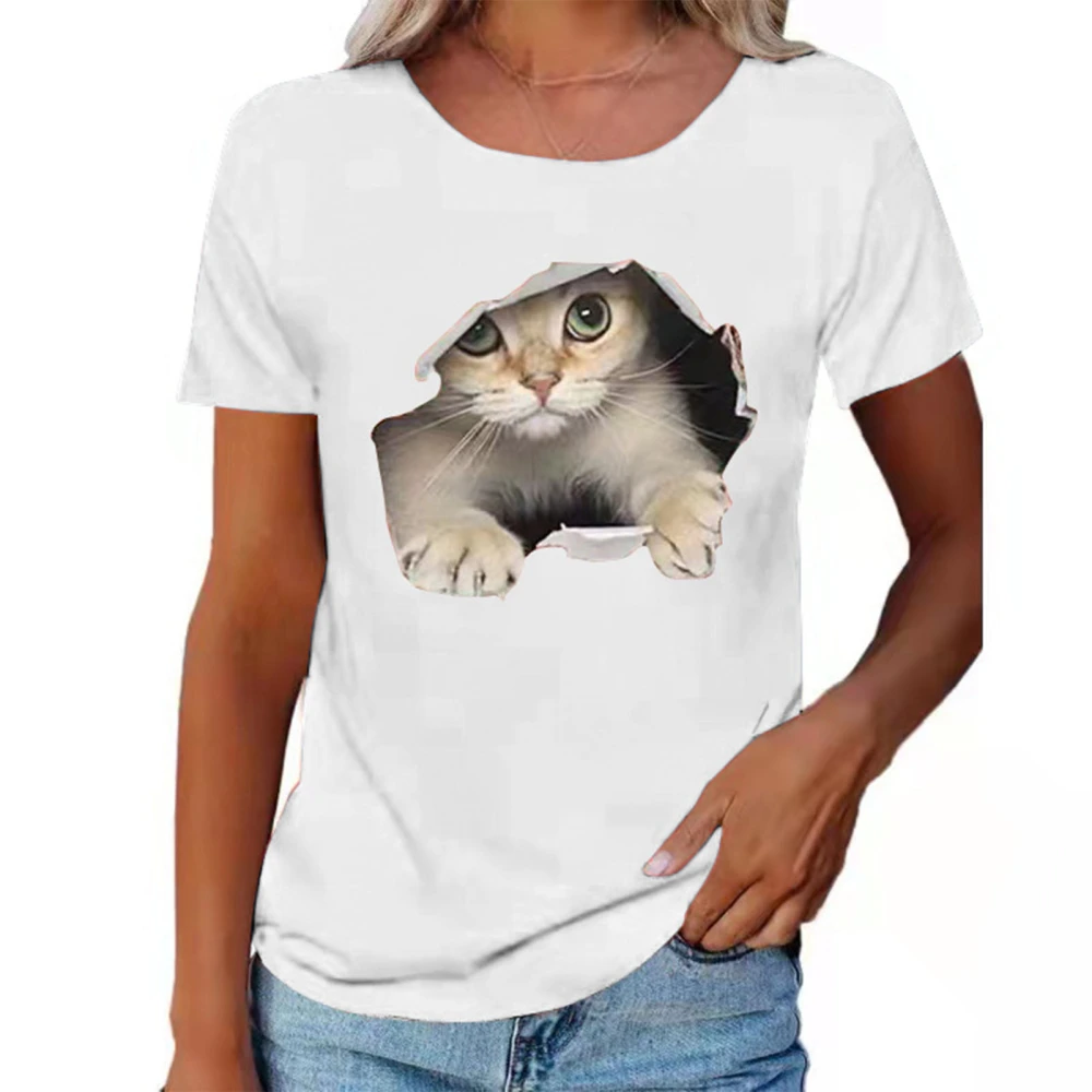 Round Neck T Shirt 3D Cat Pattern Fashion Comfortable Breathable Short Sleeve T Shirt for Women Men White XL