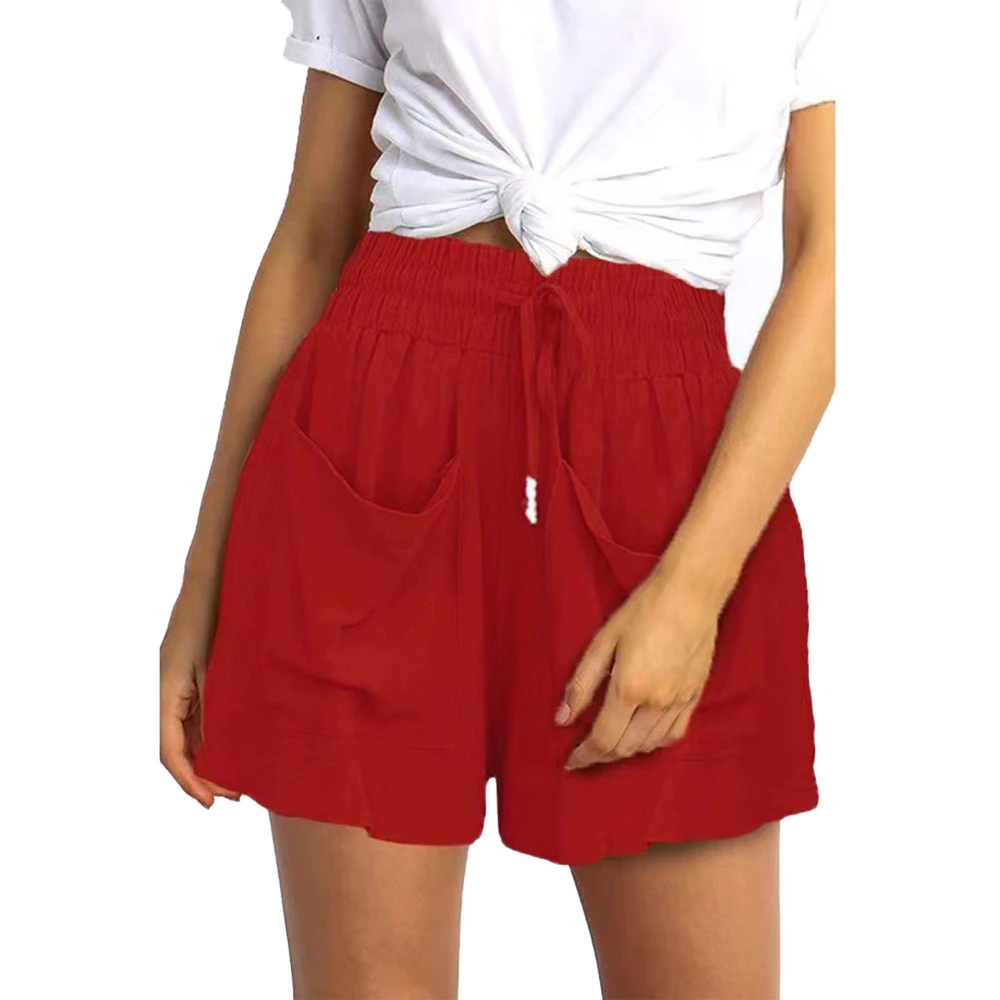 Women Casual Shorts Drawstring Elastic Waist 2 Large Front Pocket Plain Pattern Summer Loose Shorts Red XXL