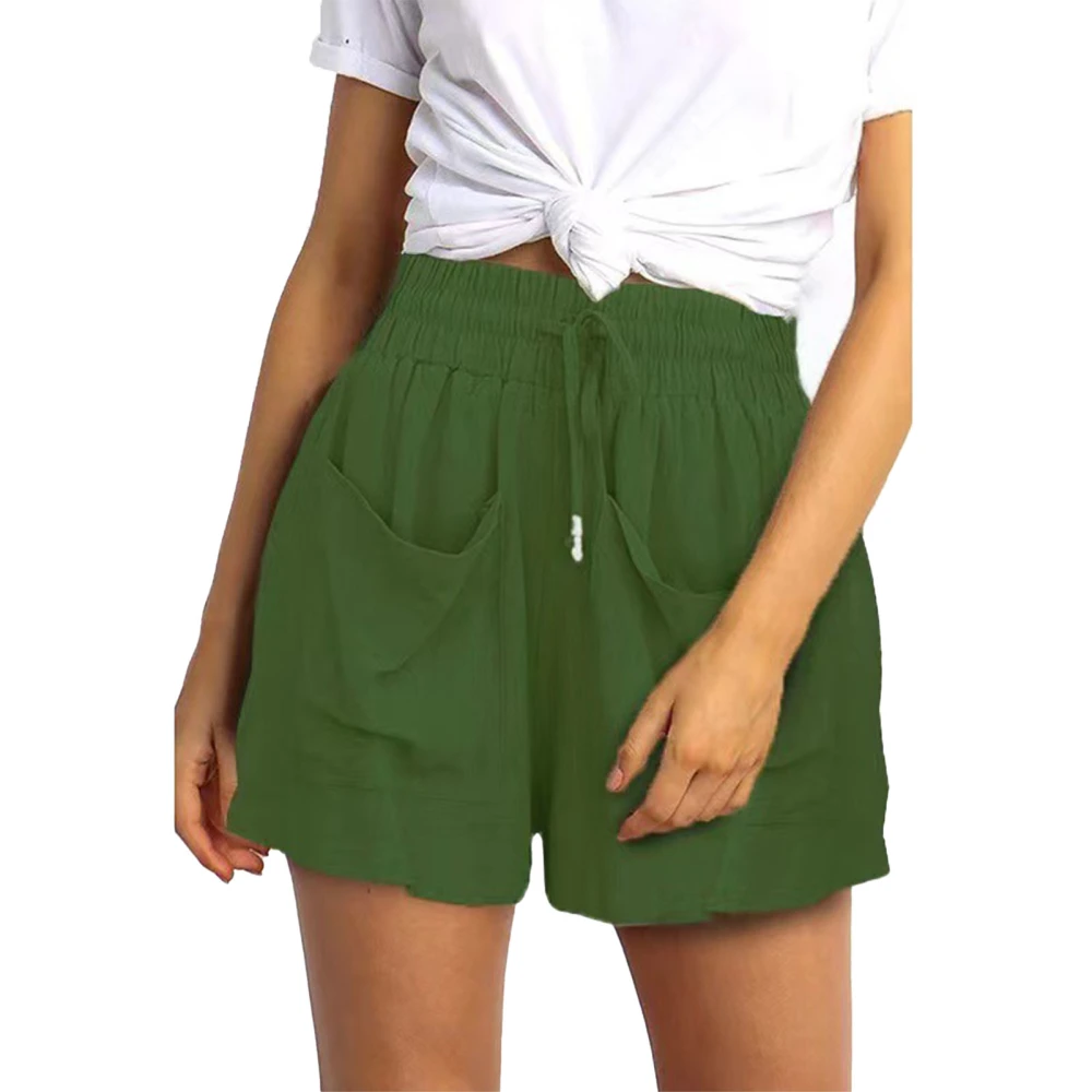 Women Casual Shorts Drawstring Elastic Waist 2 Large Front Pocket Plain Pattern Summer Loose Shorts Green S