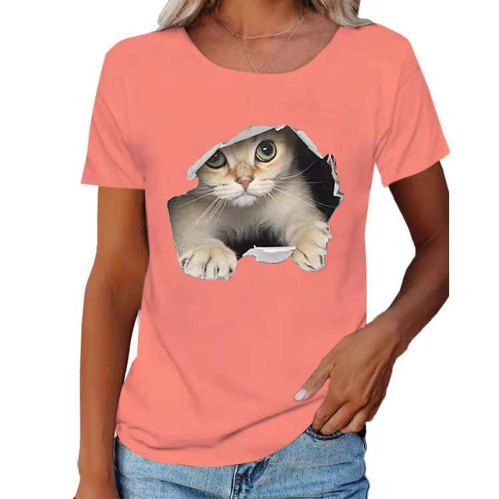 Round Neck T Shirt 3D Cat Pattern Fashion Comfortable Breathable Short Sleeve T Shirt for Women Men Pink M