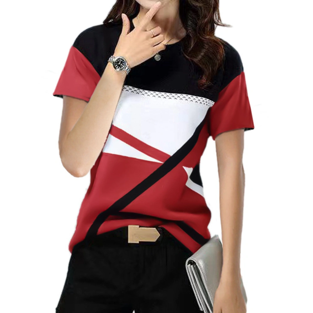 Crew Neck T Shirt Geometric Prints Loose Casual Comfortable Short Sleeve Tops for Shopping Black Red M