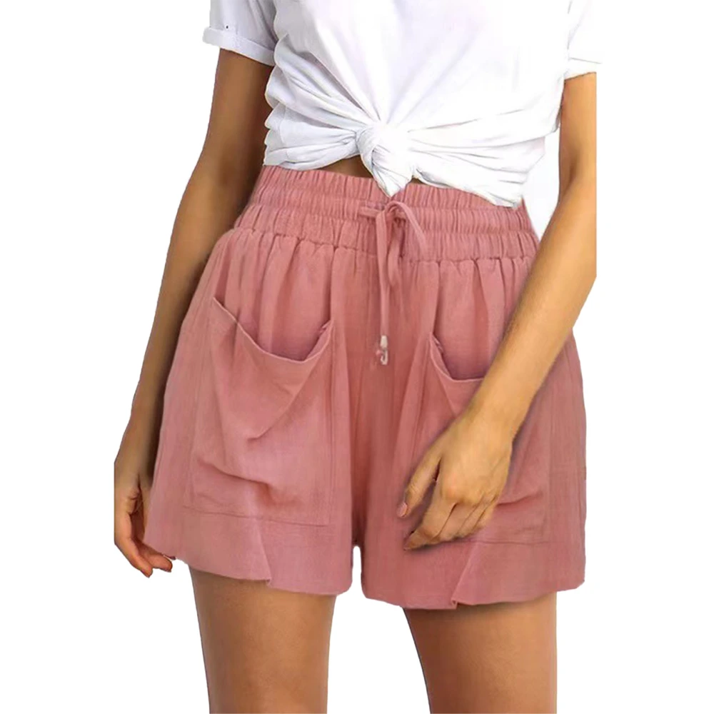 Women Casual Shorts Drawstring Elastic Waist 2 Large Front Pocket Plain Pattern Summer Loose Shorts Pink L