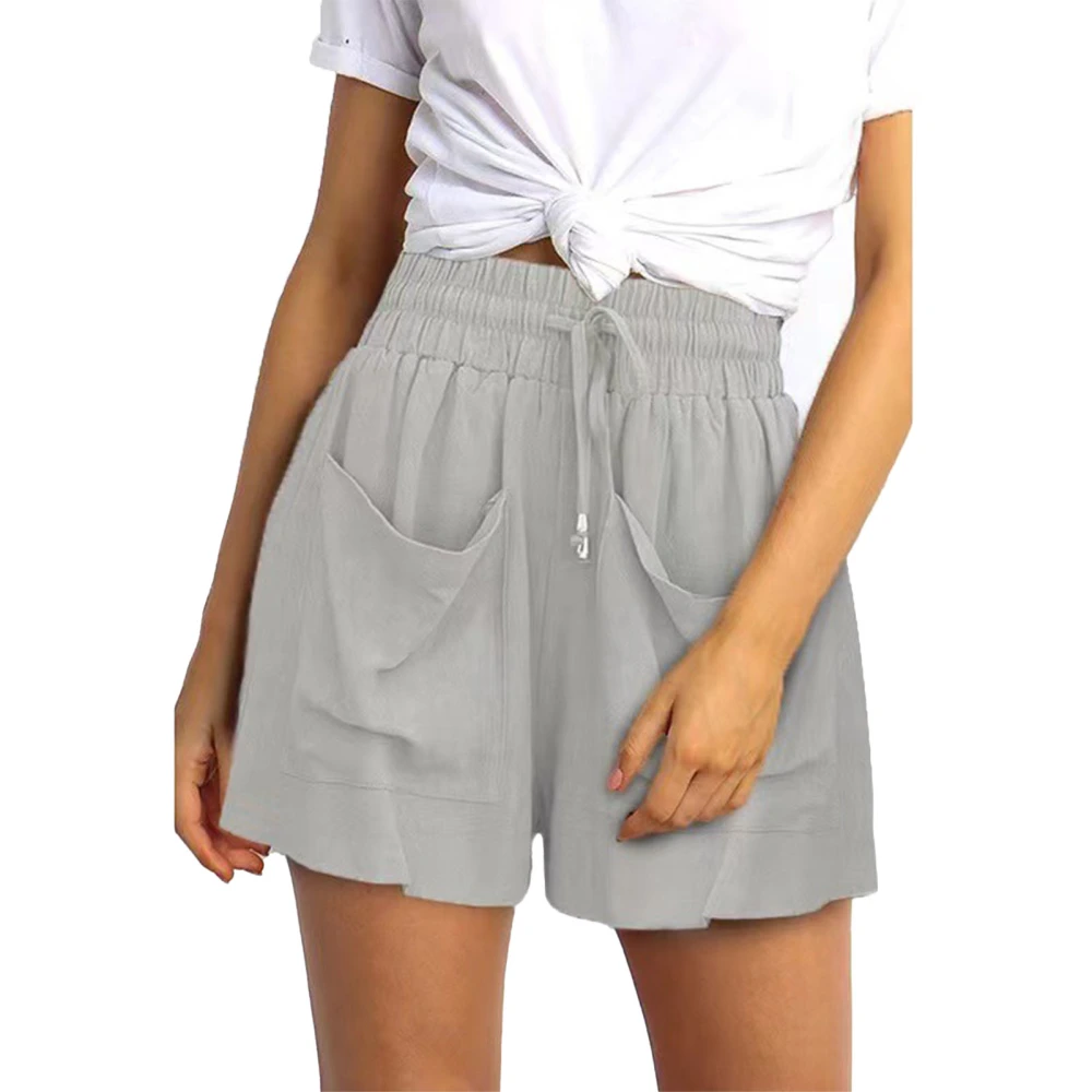 Women Casual Shorts Drawstring Elastic Waist 2 Large Front Pocket Plain Pattern Summer Loose Shorts Gray L