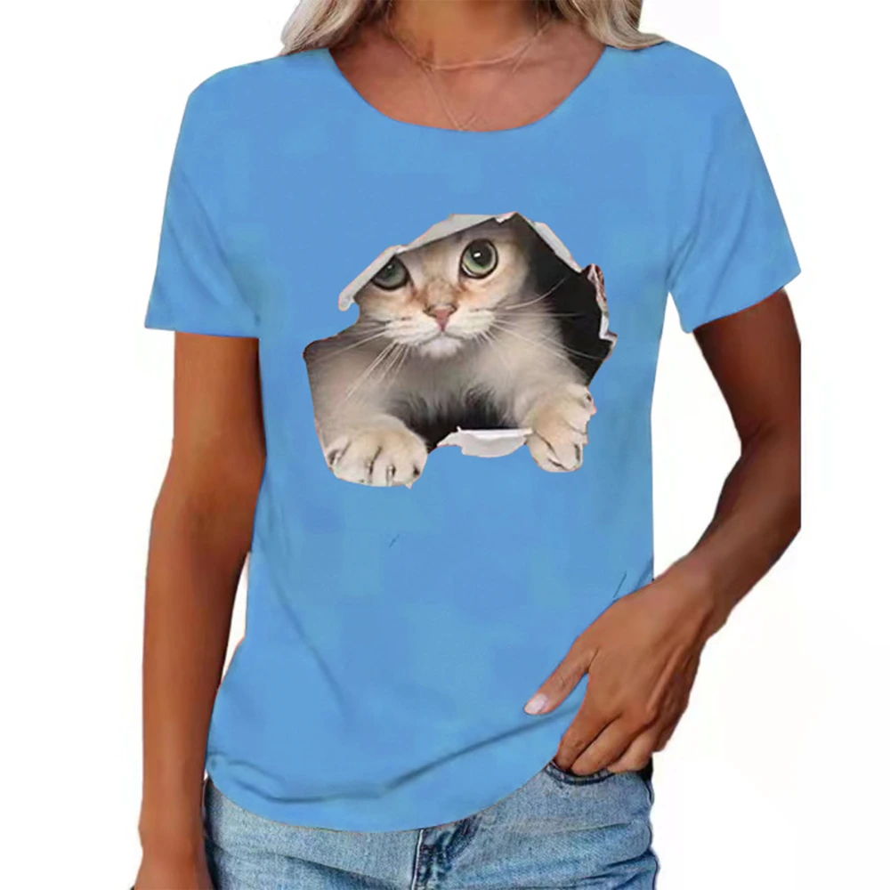 Round Neck T Shirt 3D Cat Pattern Fashion Comfortable Breathable Short Sleeve T Shirt for Women Men Light Blue S