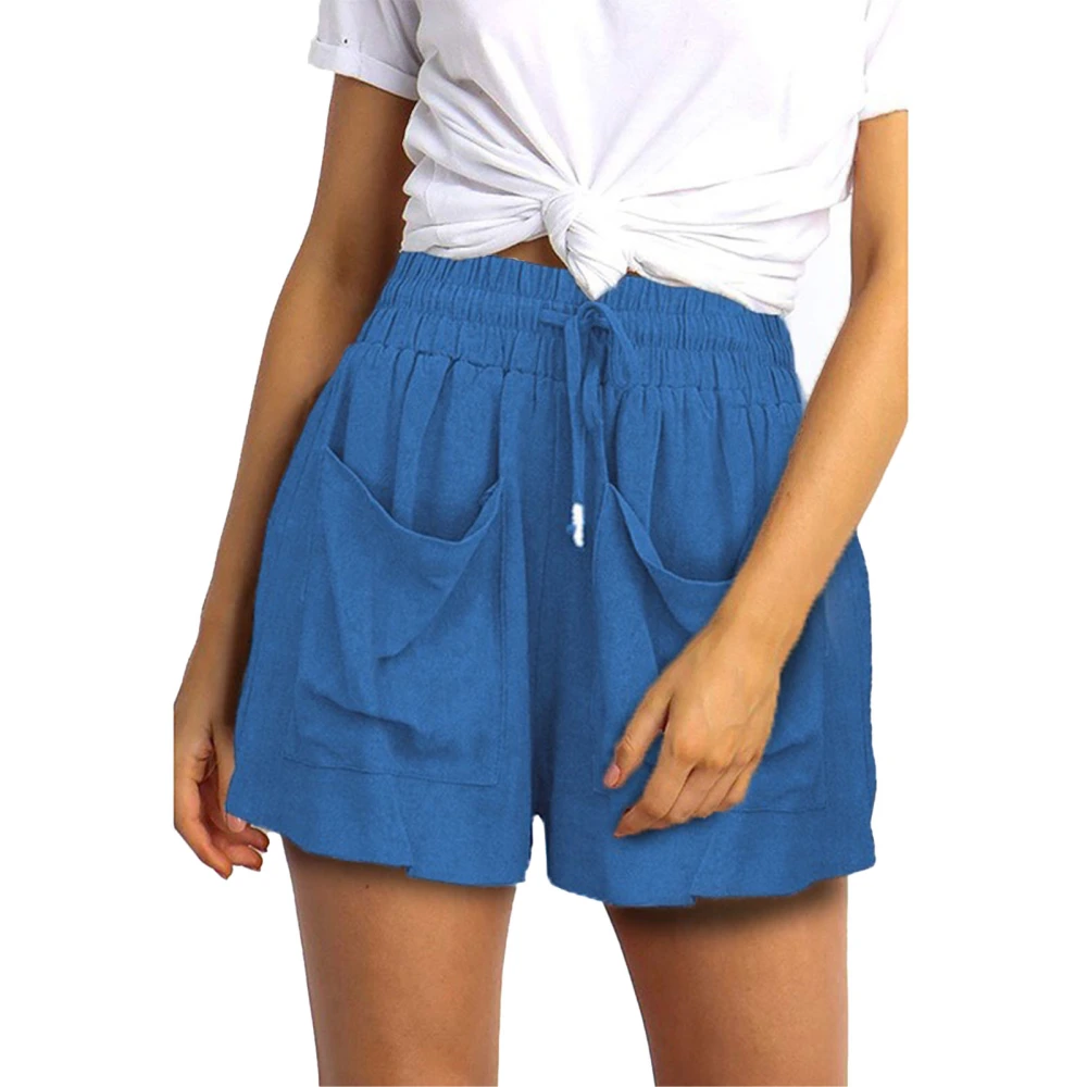 Women Casual Shorts Drawstring Elastic Waist 2 Large Front Pocket Plain Pattern Summer Loose Shorts Light Blue XL