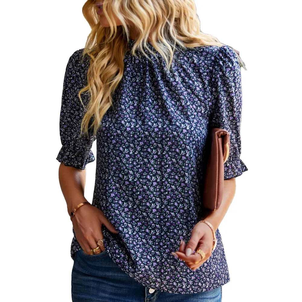 Women Blouse Floral Print Frill Trim Stand Collar Short Puff Sleeve Breathable Elegant Summer Shirt Purplish Blue L