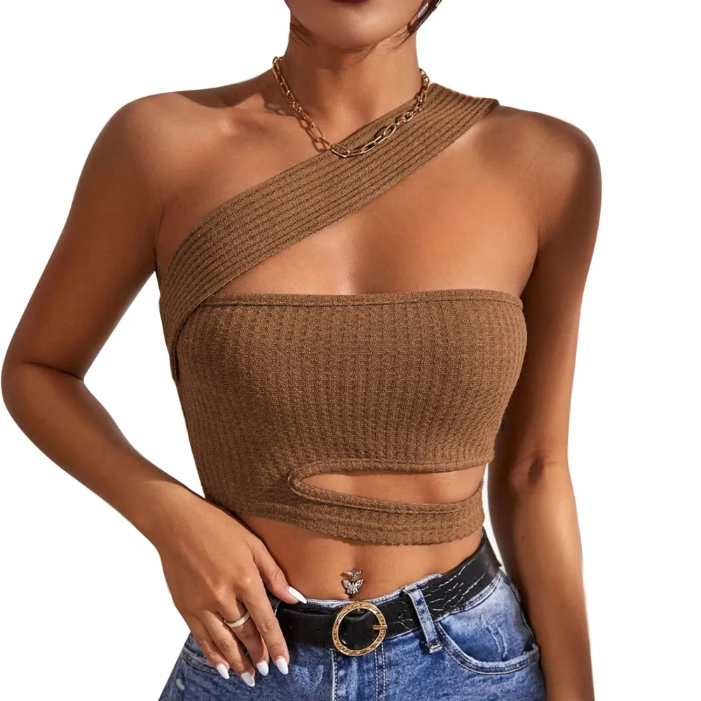 Sloping Shoulder Top Women Knitting Chest Wrap Vest Sleeveless Slim Tank Top for Daily Wear Brown M