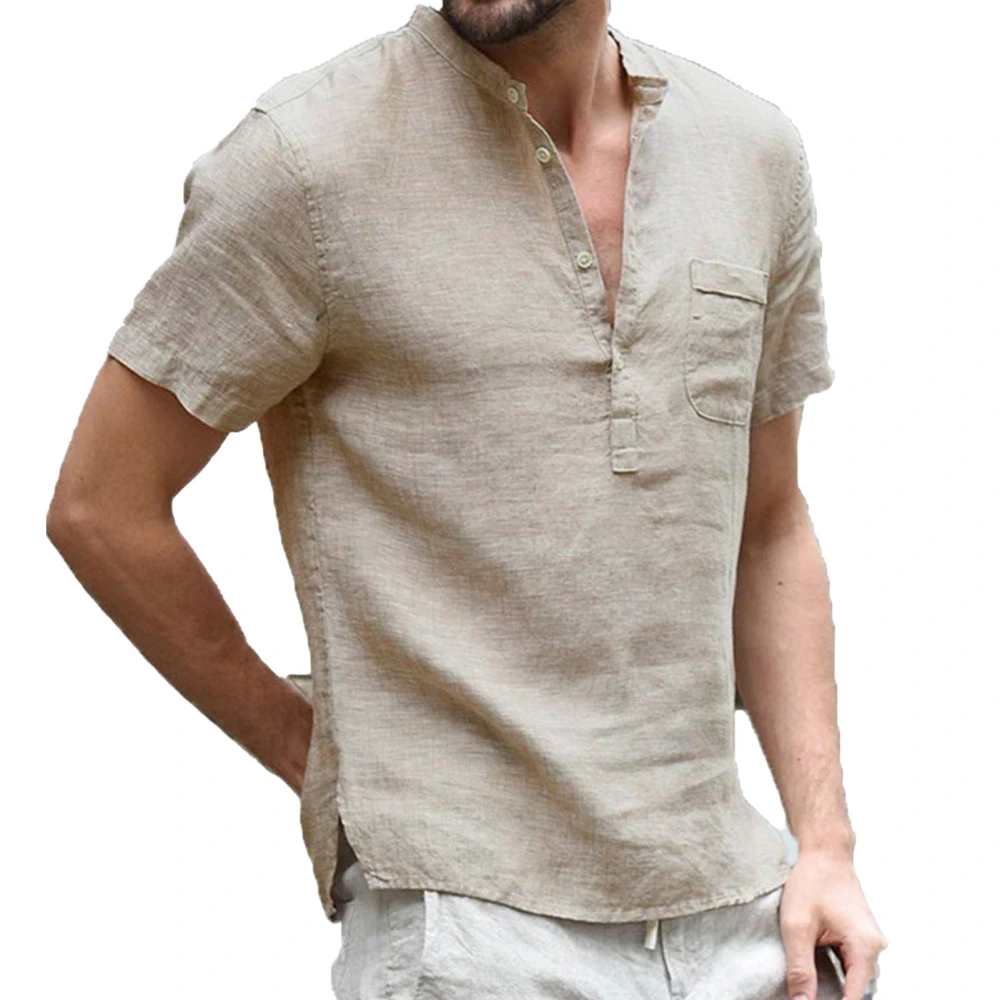 Men Short Sleeve T Shirt Half Front Opening Cotton Fabric Shirt Stand Collar Top for Summer Khaki L