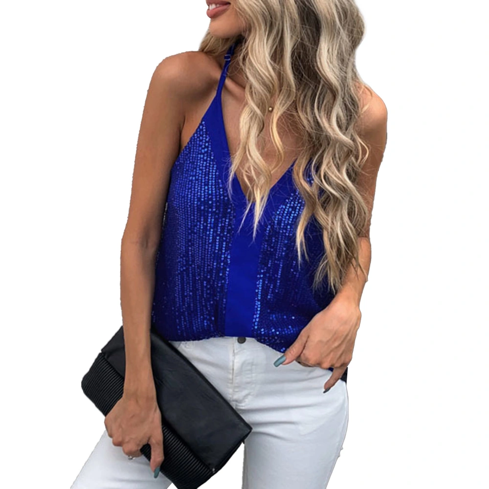 Women Spaghetti Strap Tank Top Loose Hem Sequin Sleeveless Female Off Shoulder V Neck Vest for Party Blue XL