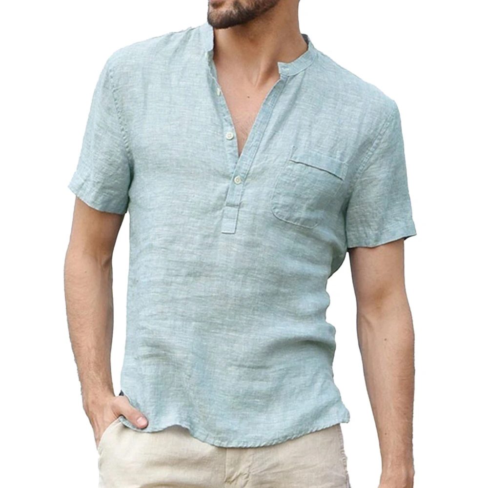 Men Short Sleeve T Shirt Half Front Opening Cotton Fabric Shirt Stand Collar Top for Summer Light Blue S