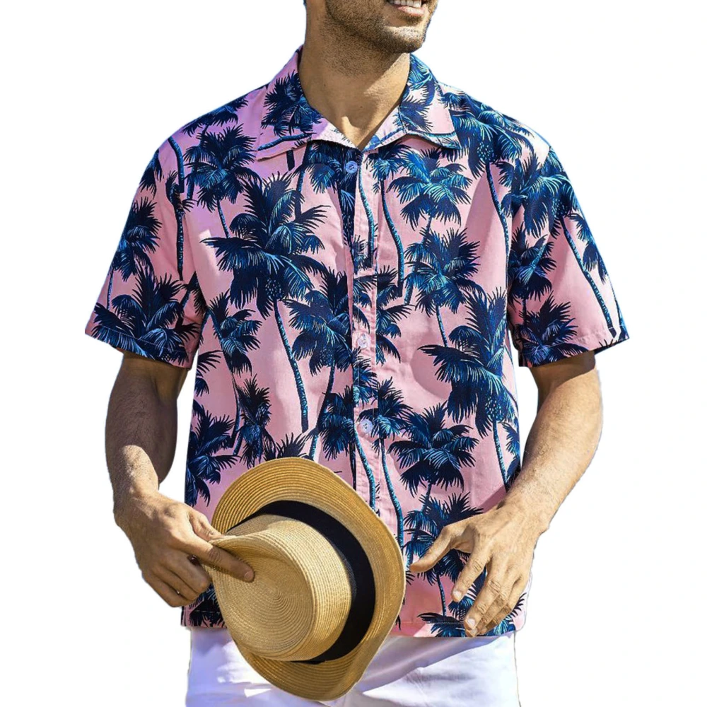 Men Short Sleeve Shirt Hawaiian Coconut Printed Tropical Beach Button Front Vintage Turn Down Collar Shirt Pink 3XL