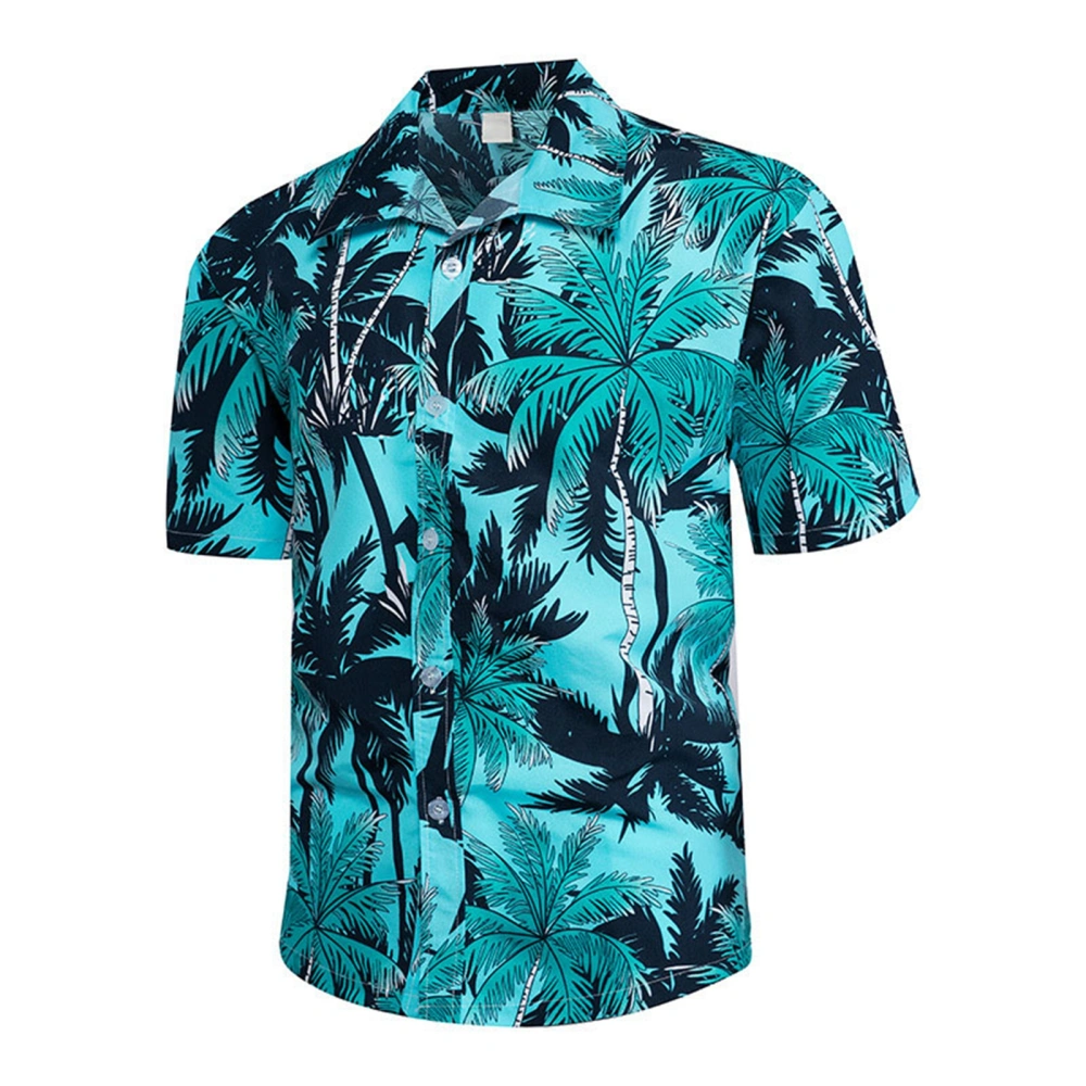 Men Short Sleeve Shirt Hawaiian Coconut Printed Tropical Beach Button Front Vintage Turn Down Collar Shirt Cyan M