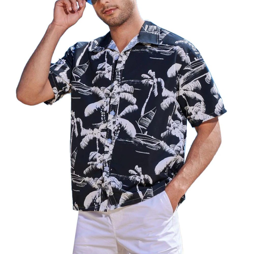 Men Short Sleeve Shirt Hawaiian Coconut Printed Tropical Beach Button Front Vintage Turn Down Collar Shirt Black 3XL