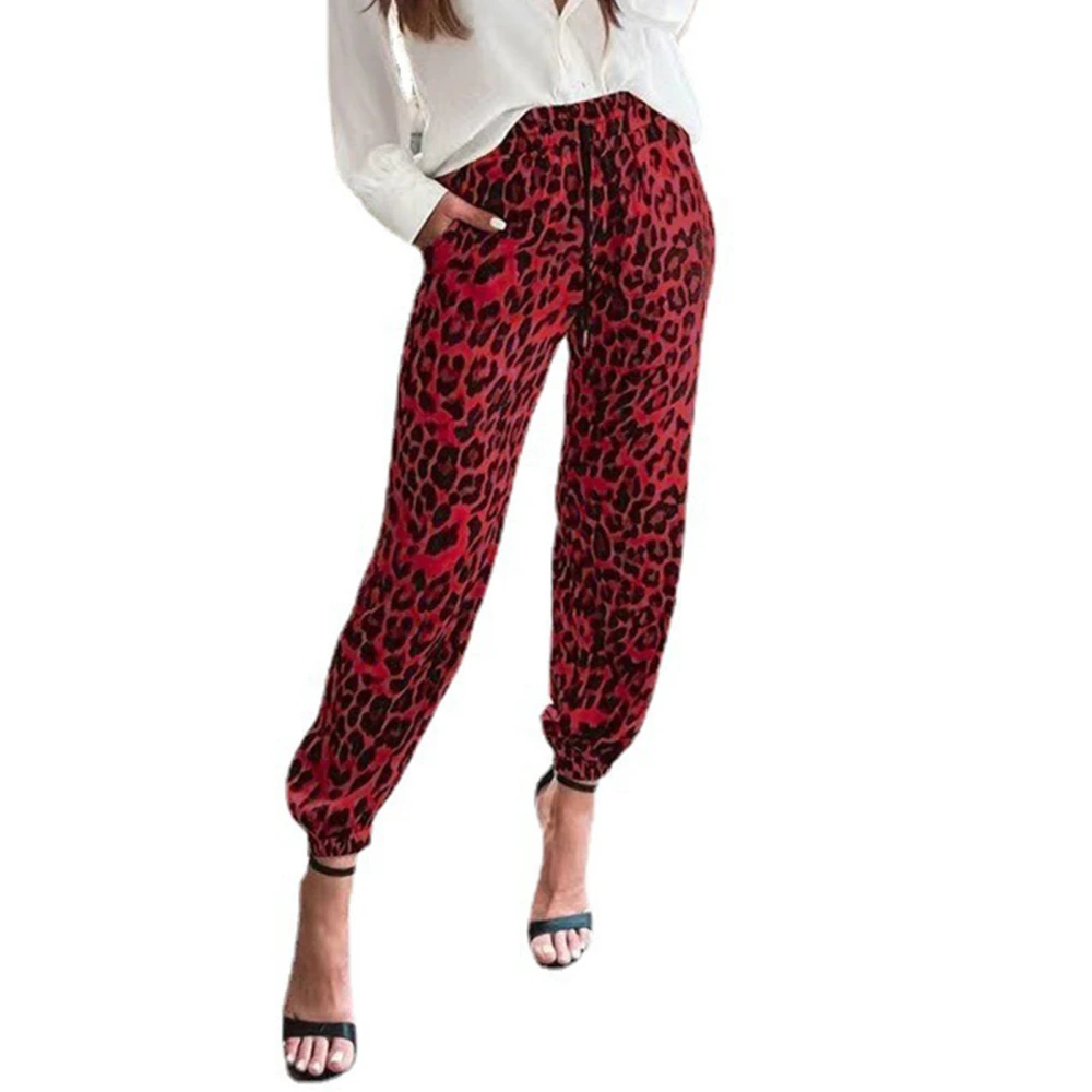 Women Leopard Joggers Sweatpant Elastic Waist Ankle Tied Casual Women Sports Long Pants with Pockets for Outdoor Running Red XXL