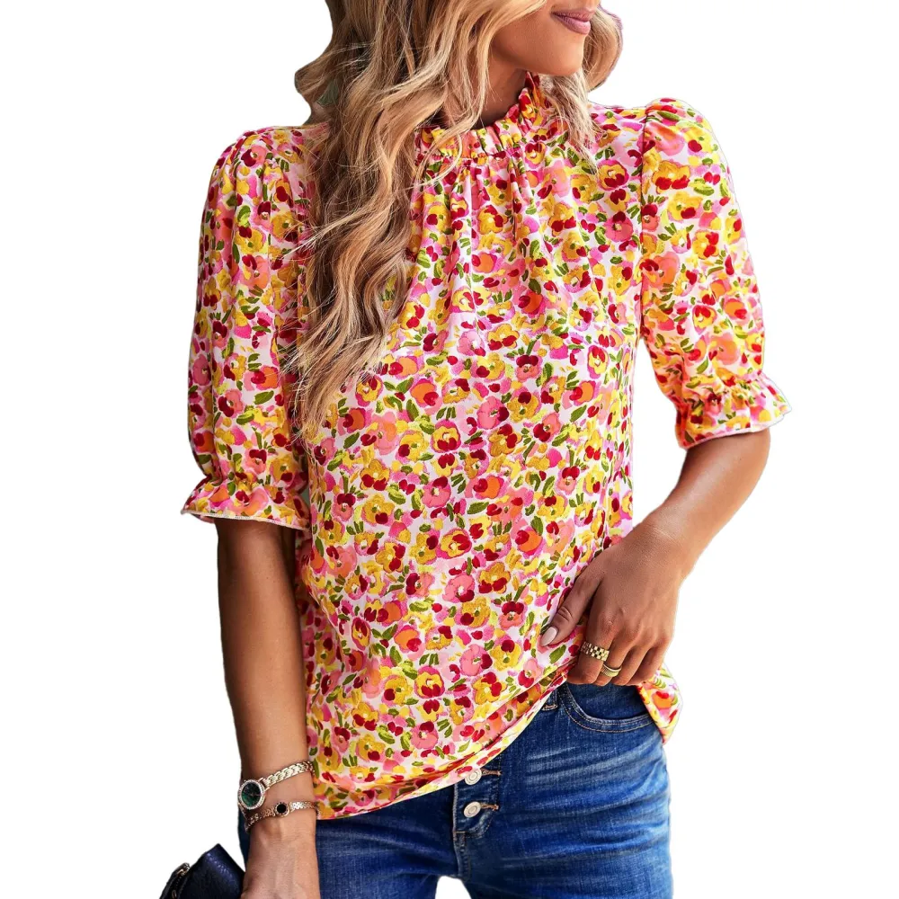 Women Blouse Floral Print Frill Trim Stand Collar Short Puff Sleeve Breathable Elegant Summer Shirt Pink S