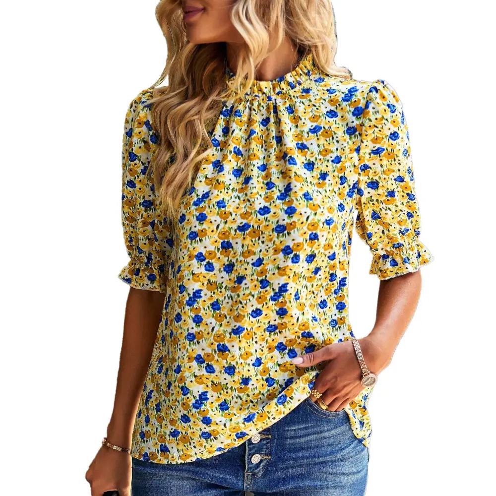 Women Blouse Floral Print Frill Trim Stand Collar Short Puff Sleeve Breathable Elegant Summer Shirt Yellow M