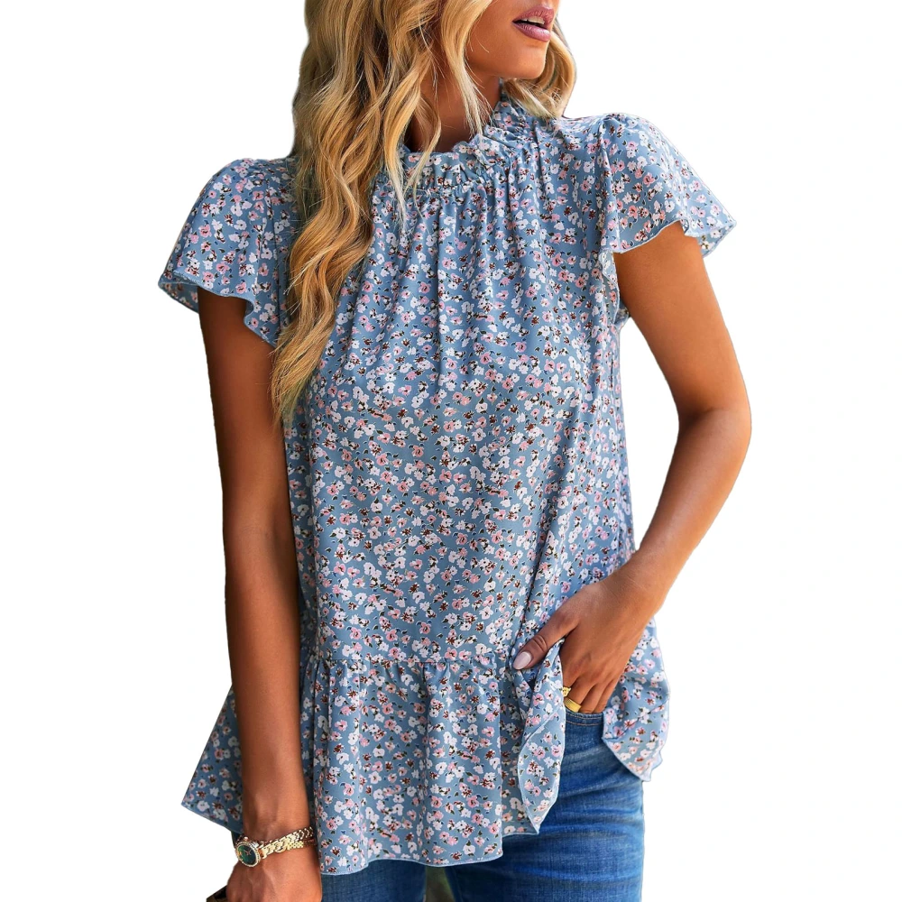 Short Sleeve Shirt Stringy Selvedge Stand Collar Ruffled Loose Hem Floral Print Casual Blouses Tops for Daily Light Blue M