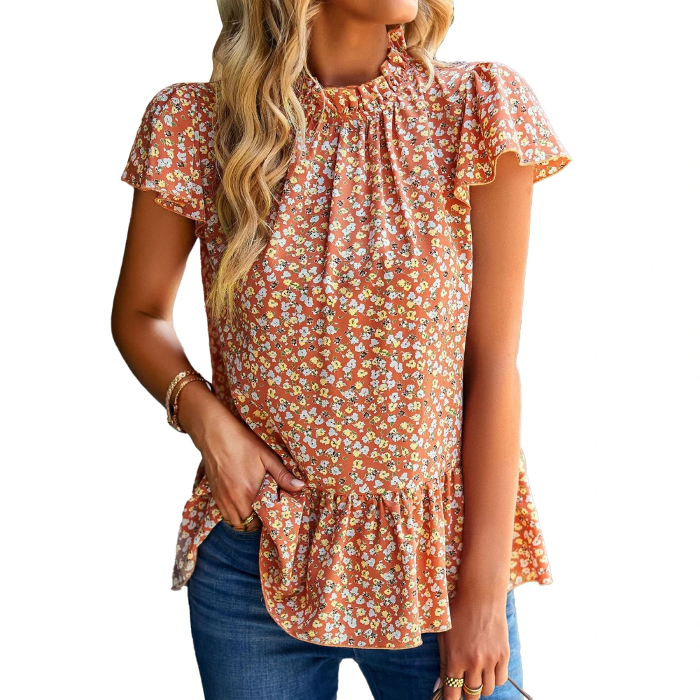 Short Sleeve Shirt Stringy Selvedge Stand Collar Ruffled Loose Hem Floral Print Casual Blouses Tops for Daily Orange M