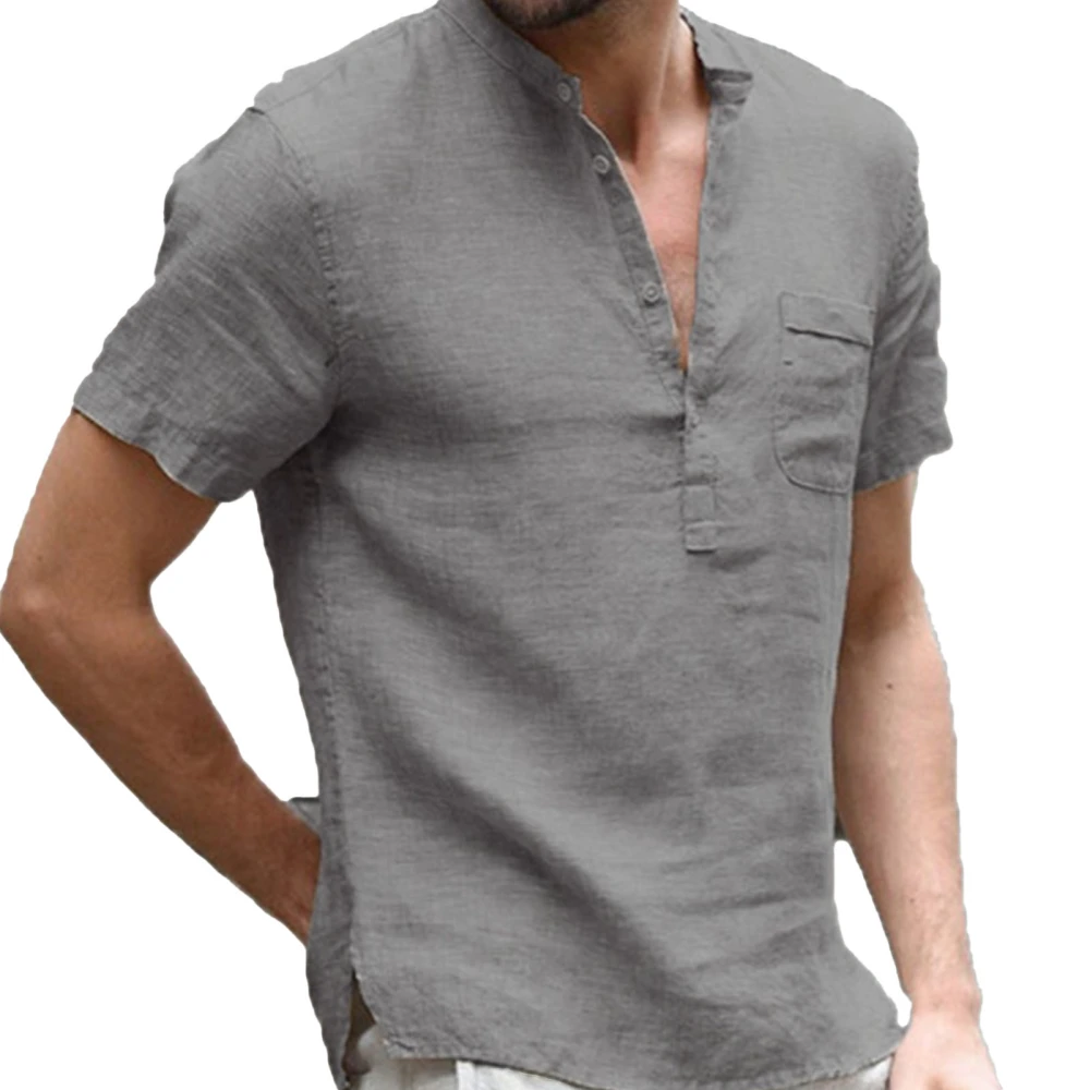 Men Short Sleeve T Shirt Half Front Opening Cotton Fabric Shirt Stand Collar Top for Summer Grey XXL